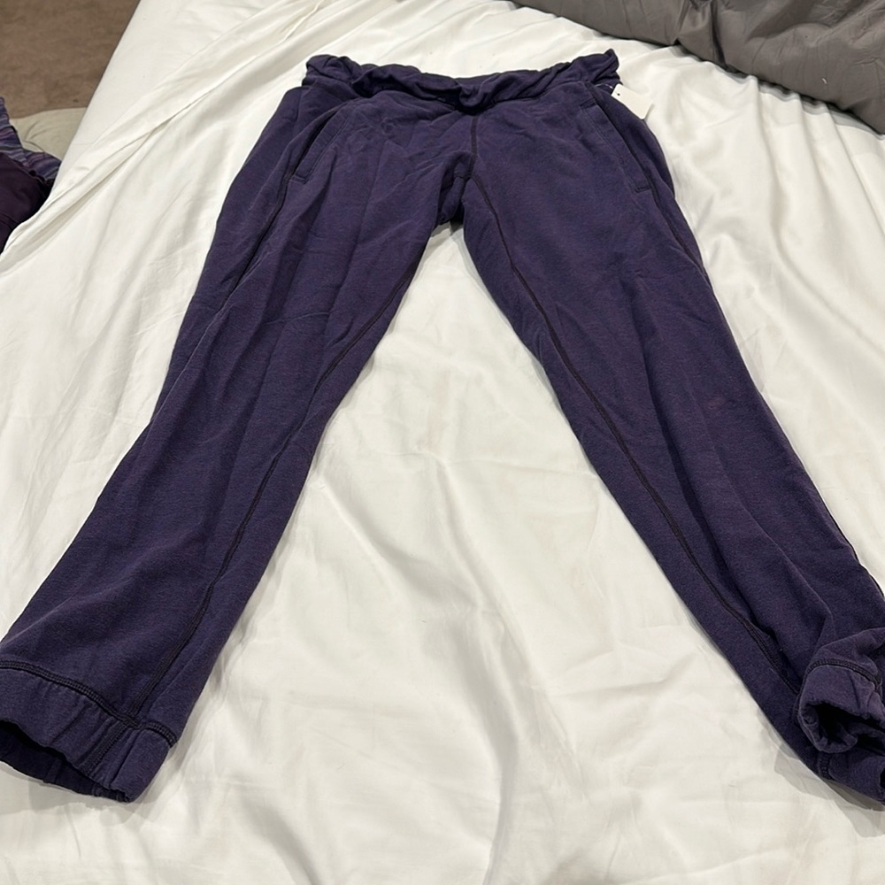 Use condition Lululemon purple sweat joggers. Small bleach spots throughout